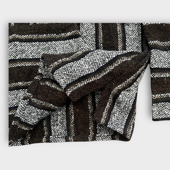 Authentic Mexican Baja woven pullover hoodie boxy wide stripes black gray WomenM - Picture 7 of 12